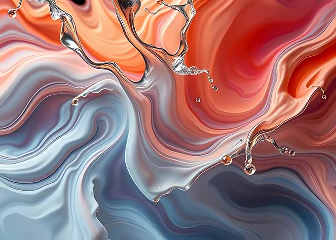 Molten Chrome Splashes Over Coral-and-Slate Liquid Marble with Flowing Gradients and Glossy Swirls