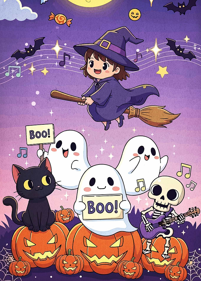 Halloween Cartoon Witch, Ghosts, and Cat