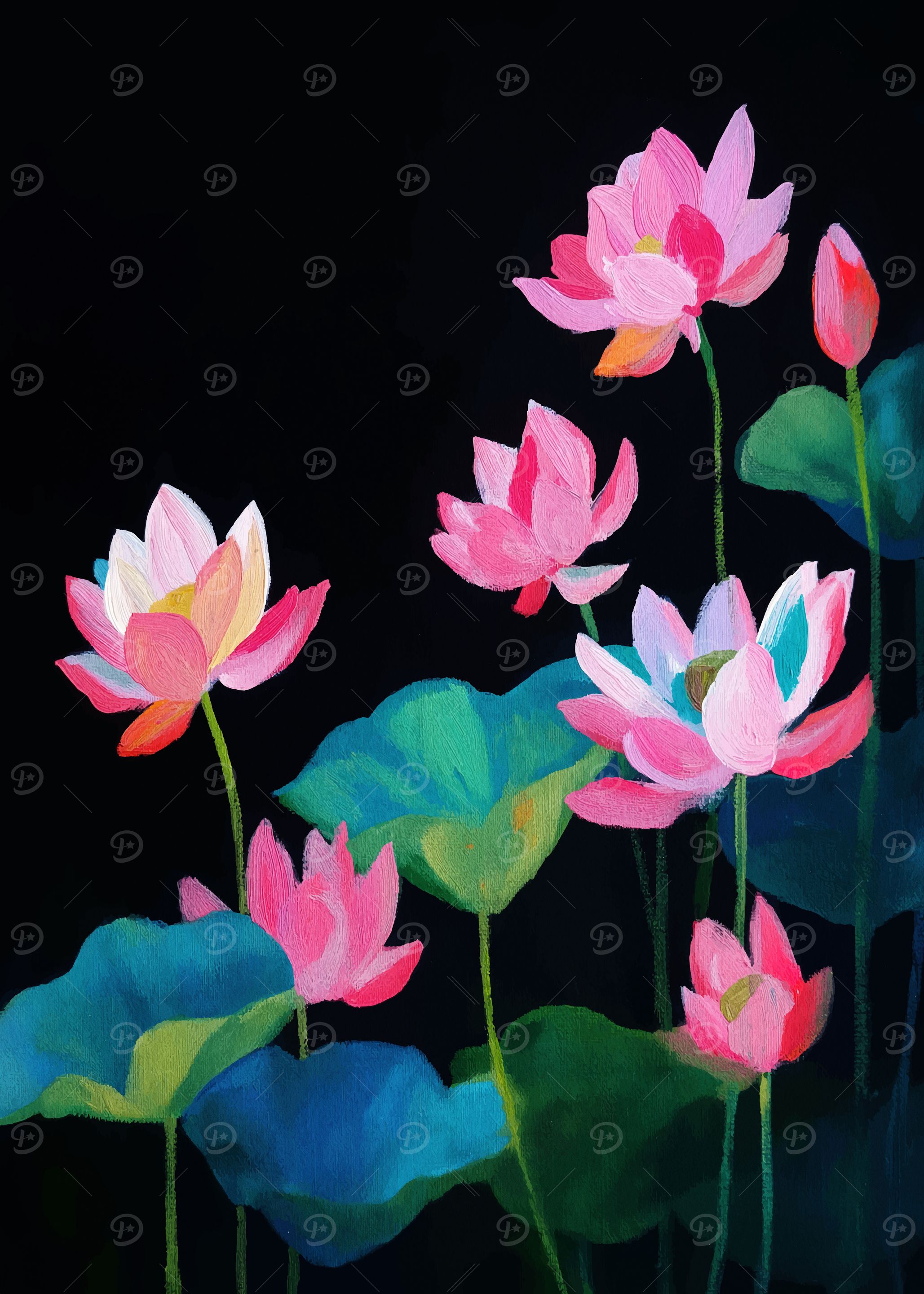 Lotus Flowers Painting on Black Background