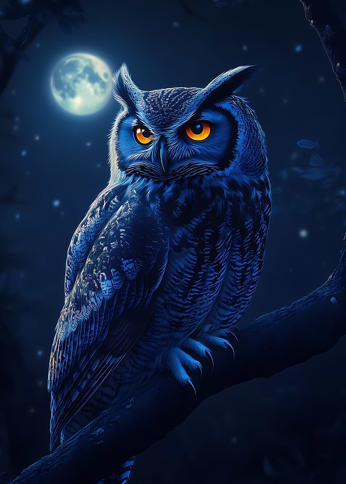 Blue Owl Perched at Night