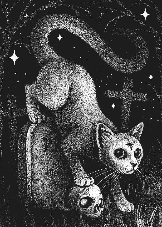 Gothic Cat on Tombstone with Skull