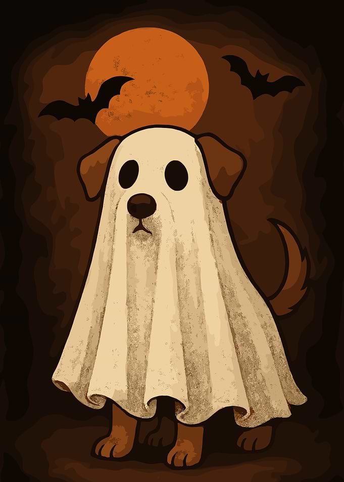 Dog dressed as a ghost for Halloween