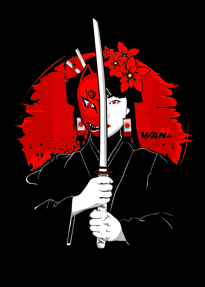Geisha with Katana and Mask Illustration