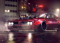 Maroon Muscle Car in Cityscape
