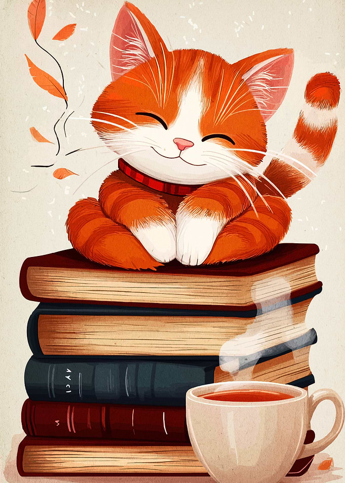 Cozy Cat on Books with Tea