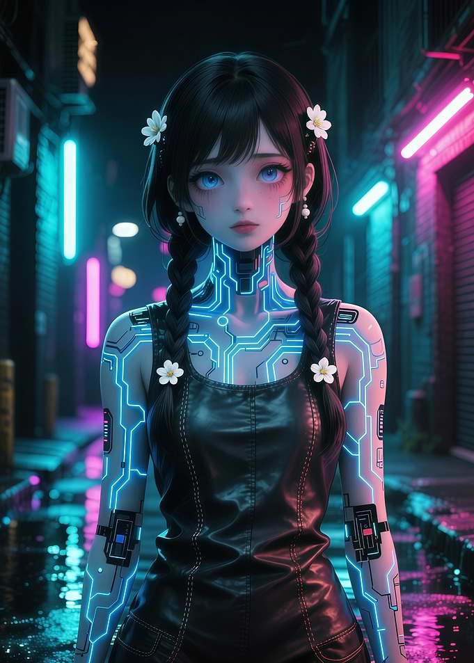 Cyberpunk Anime Girl with Neon Circuits