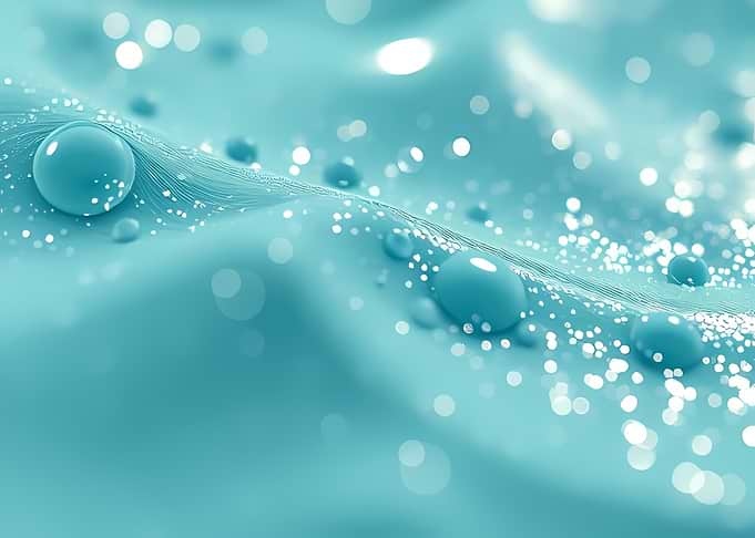Turquoise Liquid Waves with Floating Droplets and Sparkling Bokeh
