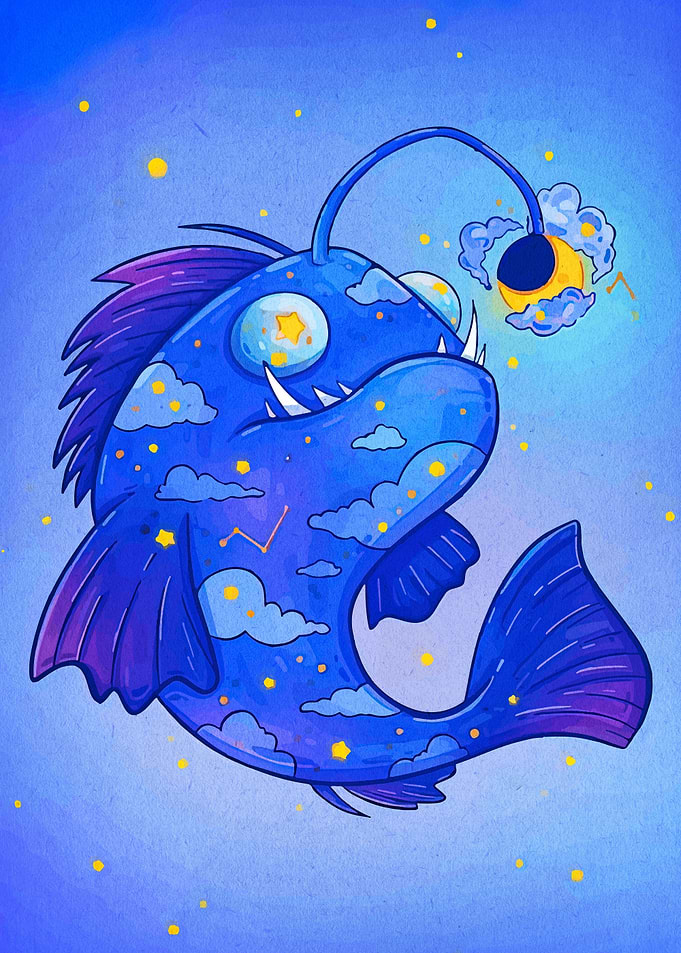Cartoon Anglerfish with Celestial Details
