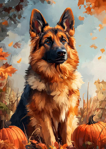 German Shepherd with Pumpkins in Autumn | Fall Dog Print