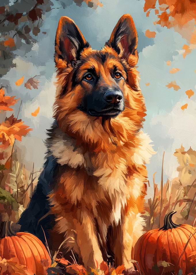 German Shepherd with Pumpkins in Autumn | Fall Dog Print