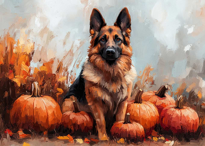 German Shepherd with Pumpkins | Autumn Dog Print