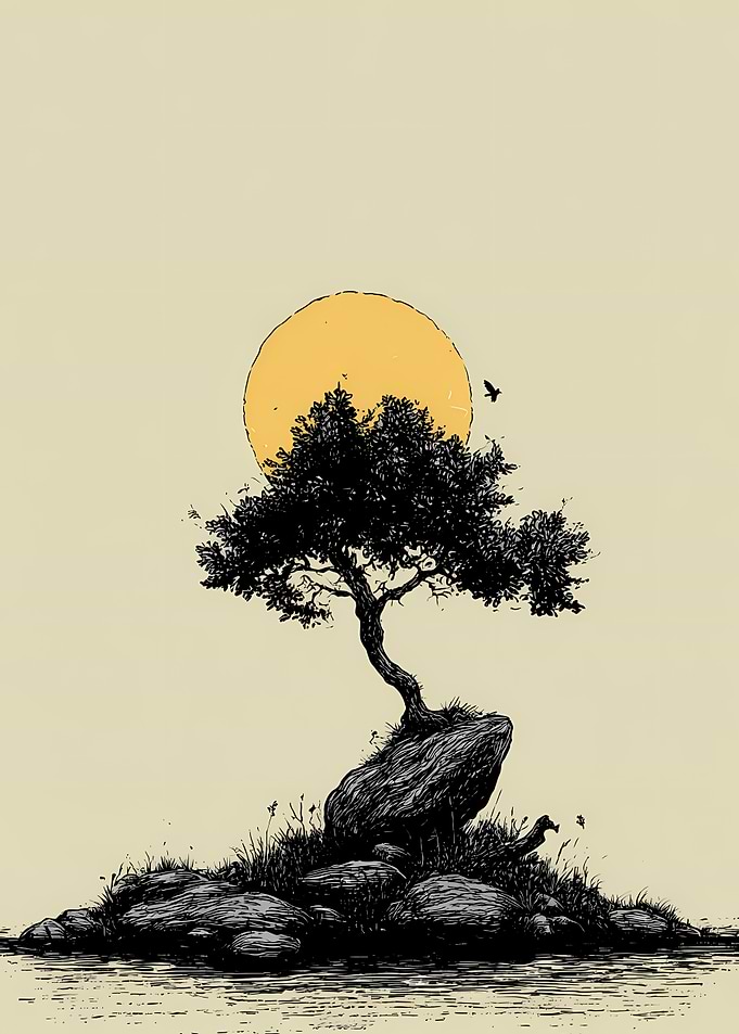 Bonsai Tree Silhouette with Rising Sun