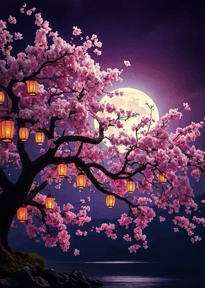 Cherry Blossom Tree with Lanterns at Night