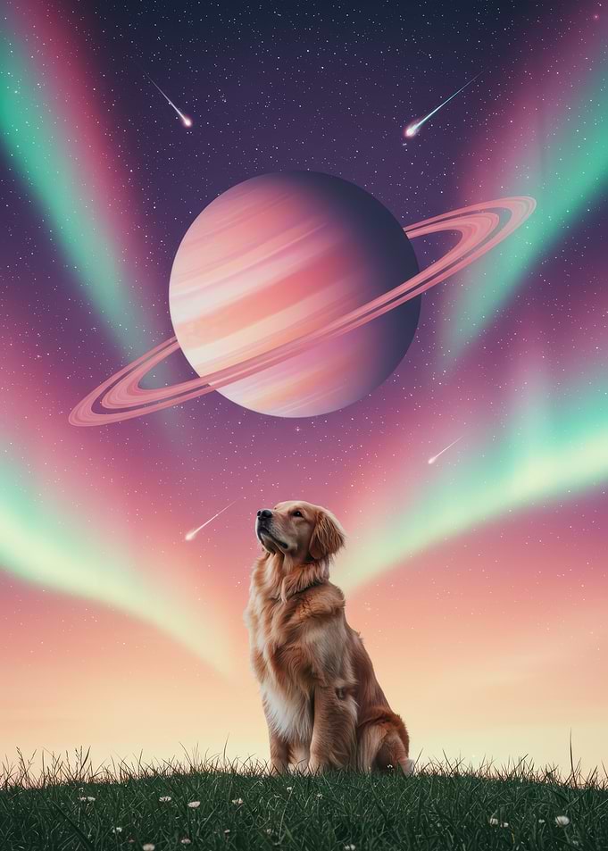 Dog Gazing at Saturn in Space