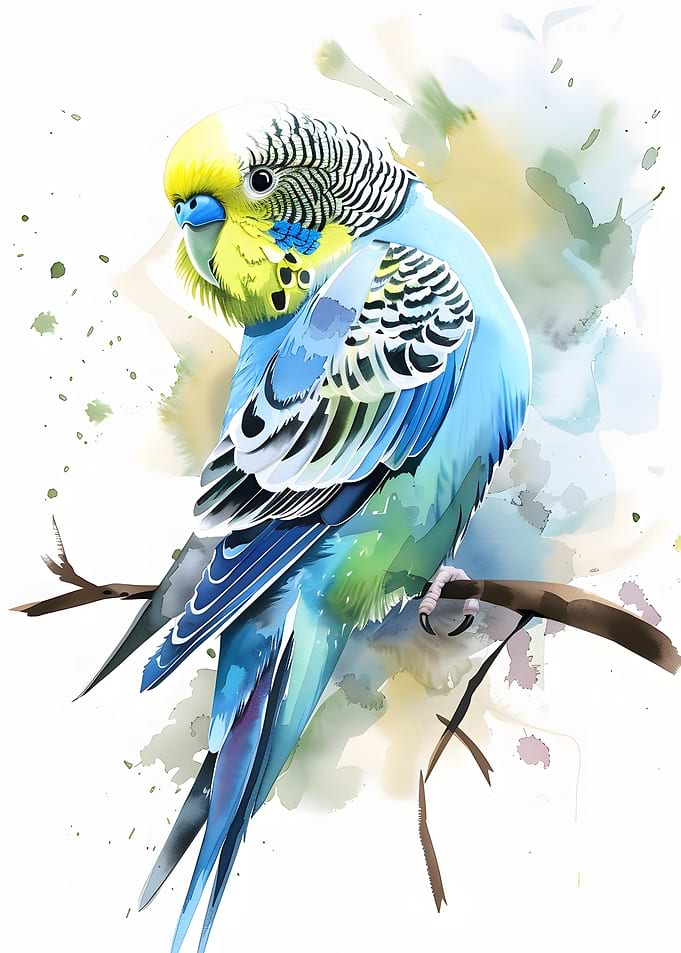 Watercolor Budgie Bird on Branch