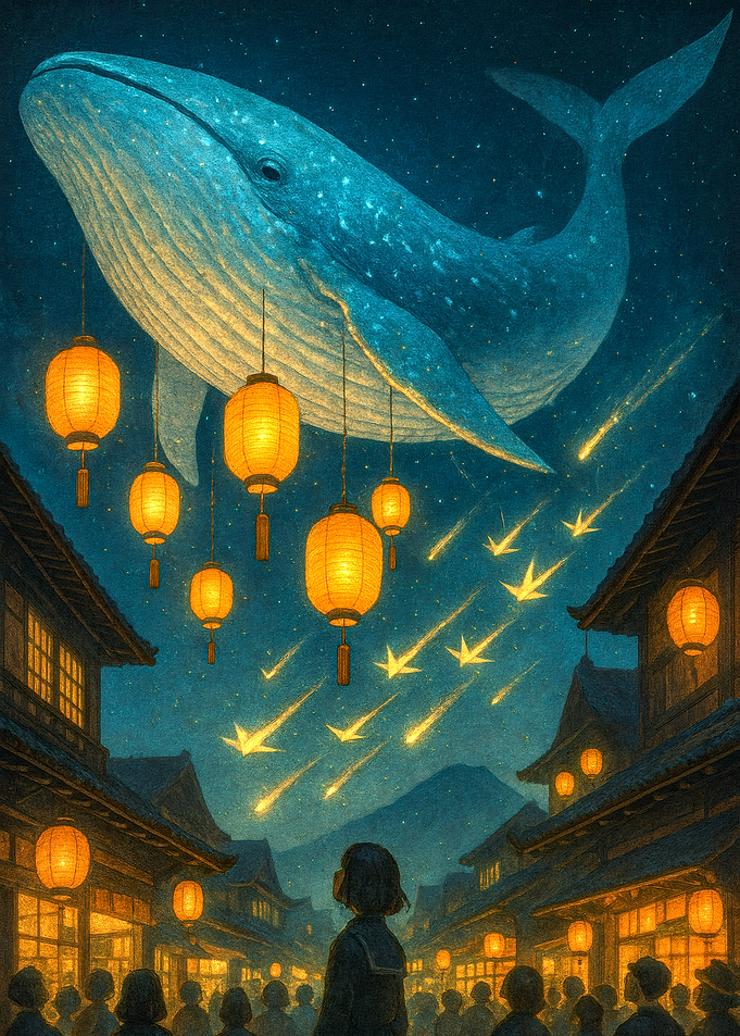 Whale in the Sky over Japanese Town