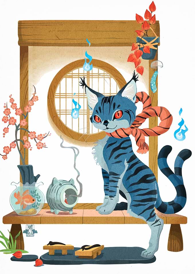 Blue Tiger Cat in Japanese Setting