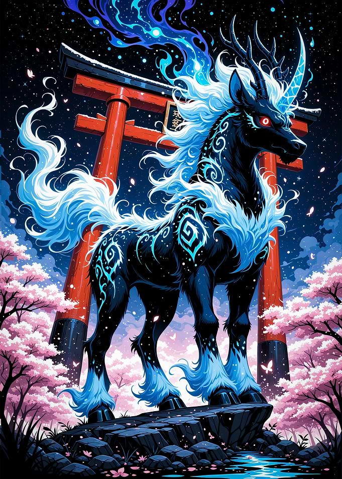 Mystical Kirin Horse Unicorn with Torii Gate Cherry Blossom Sakura Japan Landscape