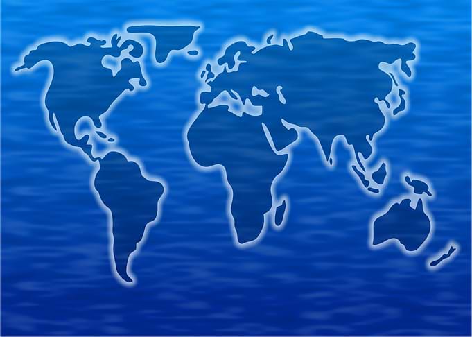 Blue World Map on Water Background