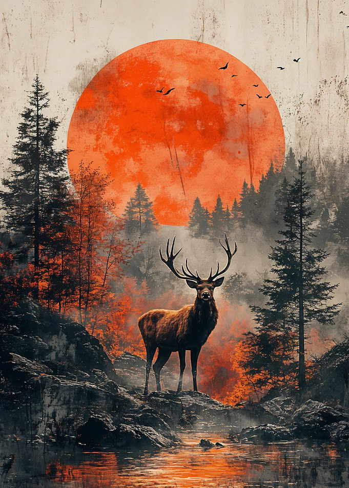 Stag in Forest with Red Moon