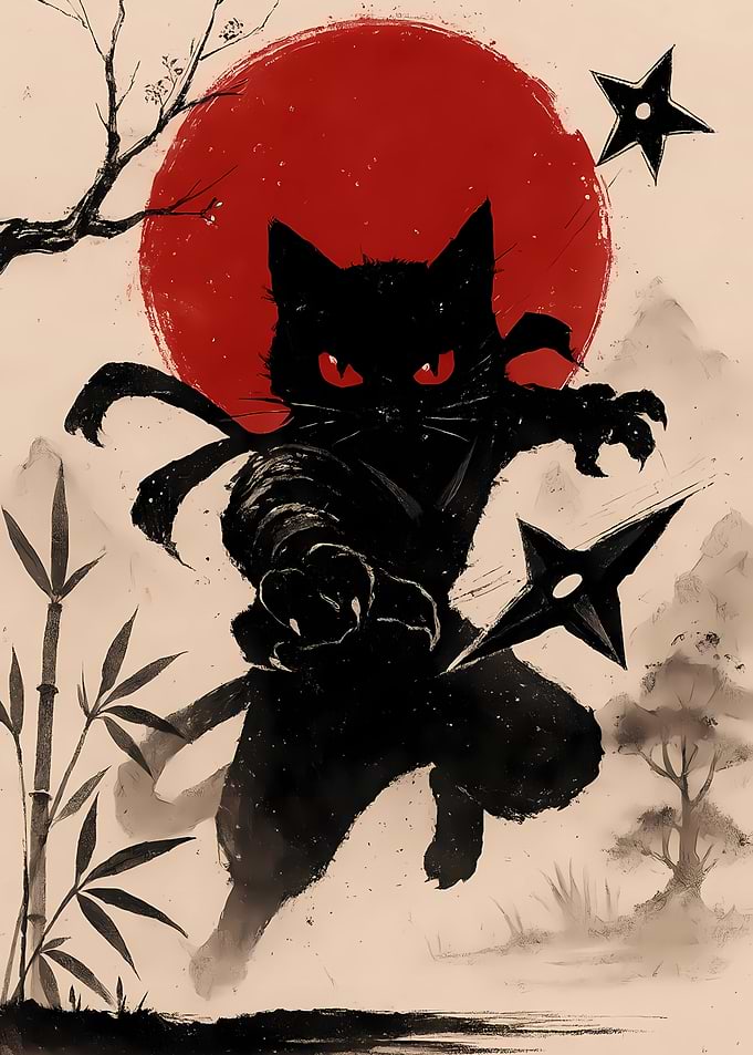 Ninja Cat with Shurikens and Red Sun