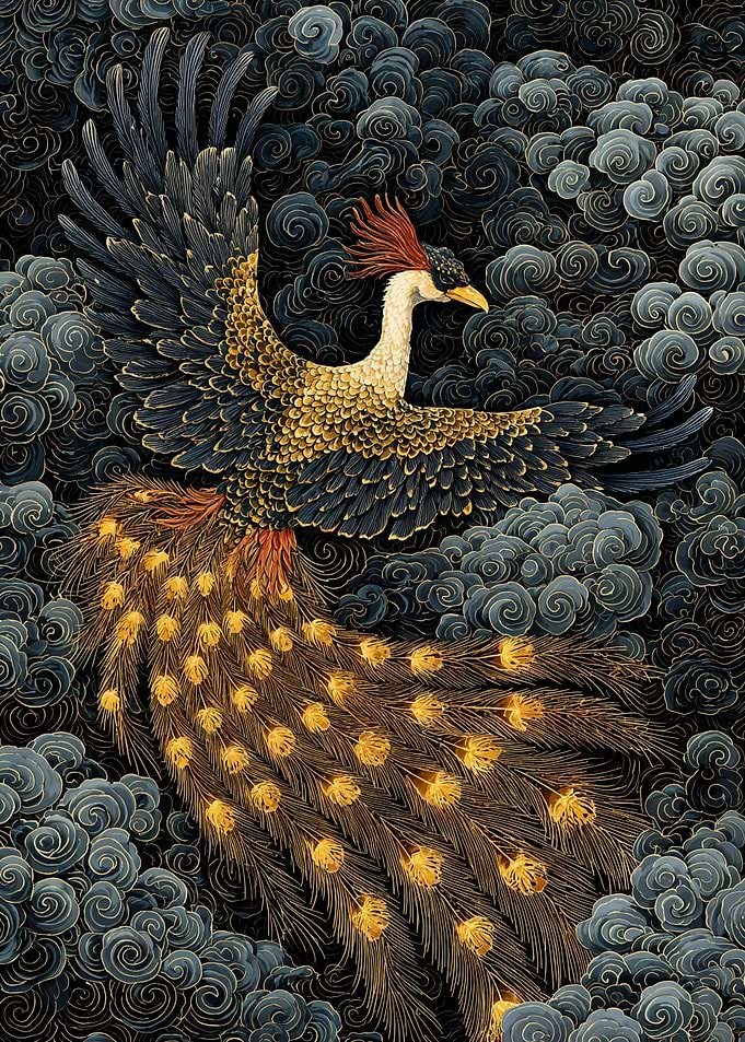 Phoenix in swirling clouds