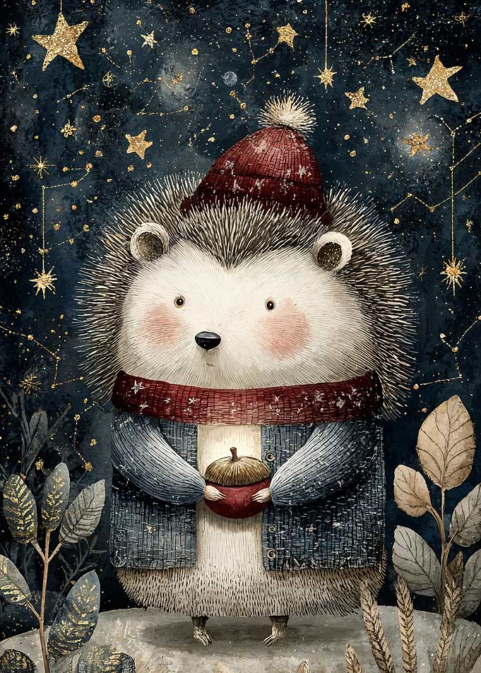 Winter Hedgehog with Acorn and Stars