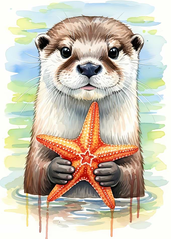 Watercolor Otter Holding Starfish Illustration
