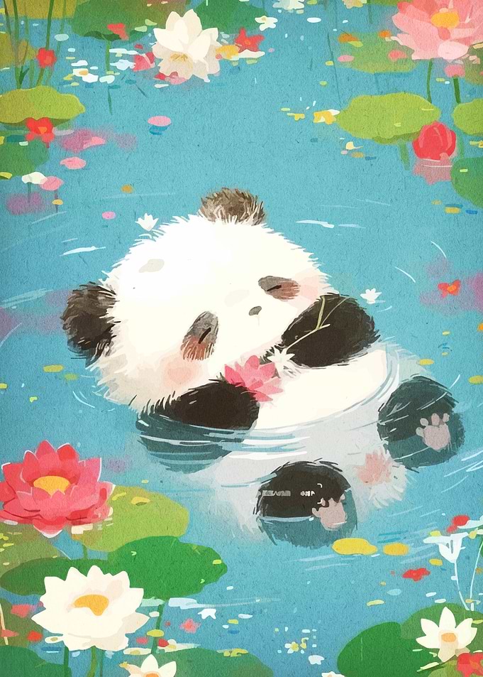 Panda in Lotus Pond Illustration
