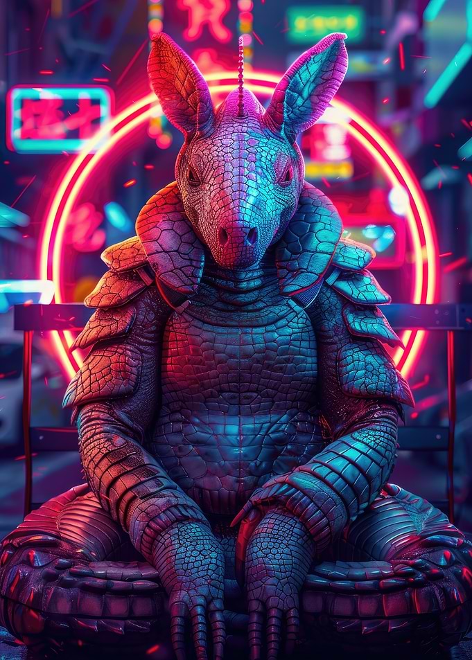 Cyberpunk Armadillo in Neon Cityscape