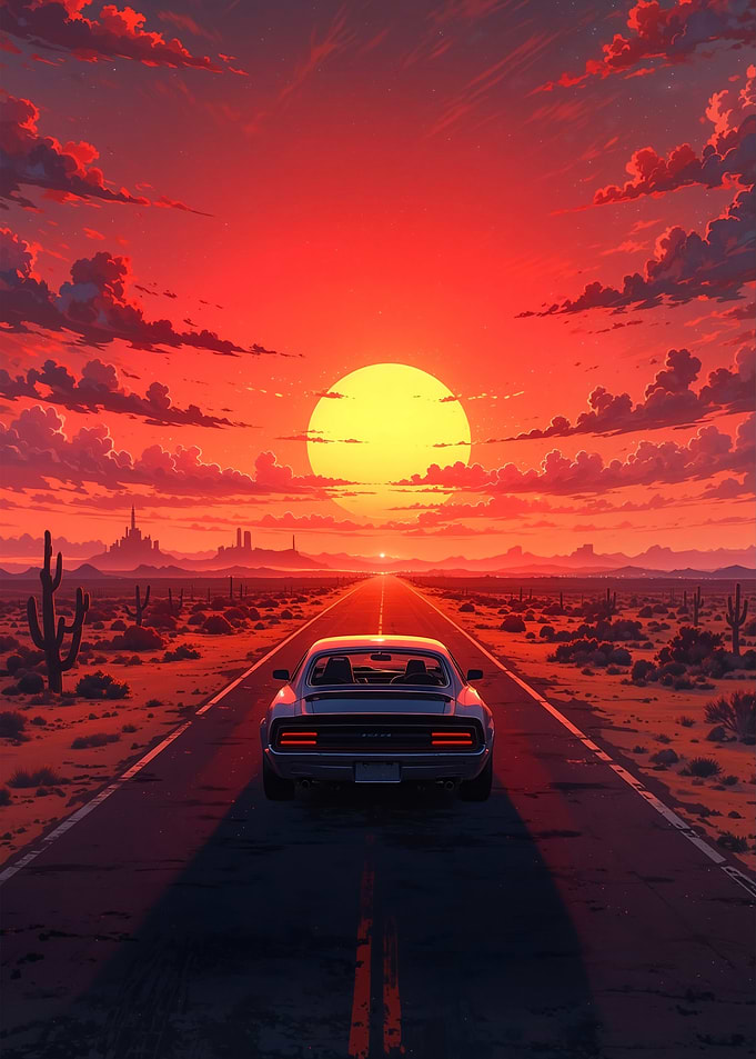 Car on Desert Road at Sunset
