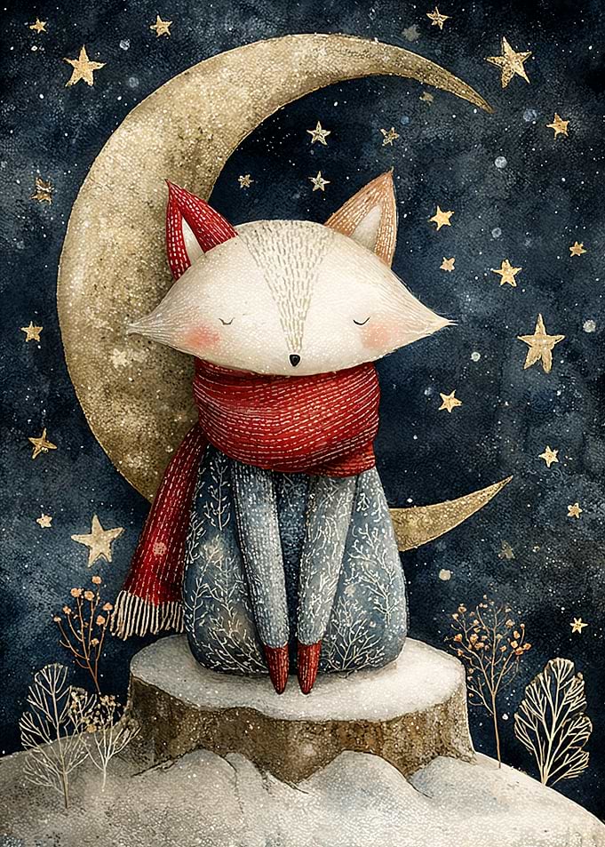 Fox on the Moon Watercolor Illustration
