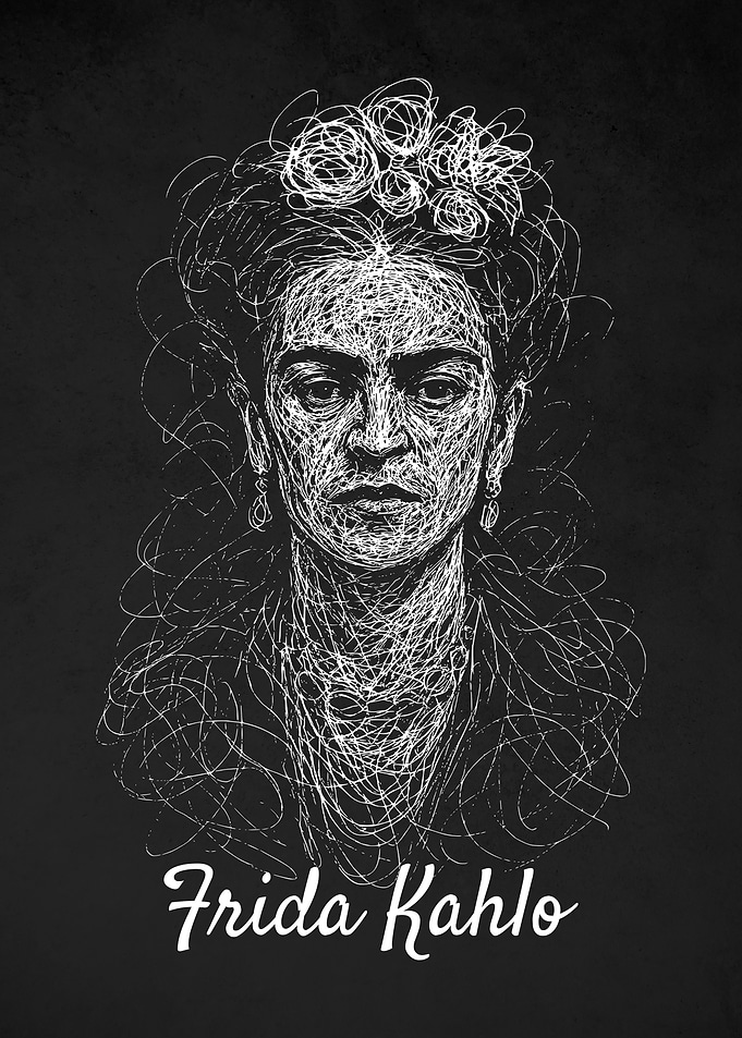 Frida Kahlo Portrait White Line Scribble Art