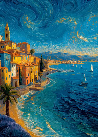 Coastal Village Painting in Impressionistic Style
