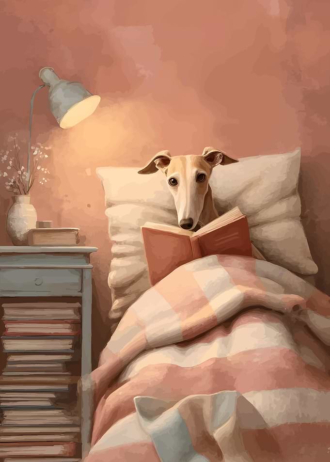 Dog Reading in Bed Illustration