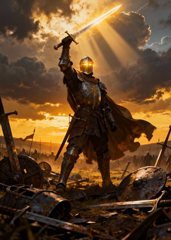 Triumphant Knight with Sword in Battlefield