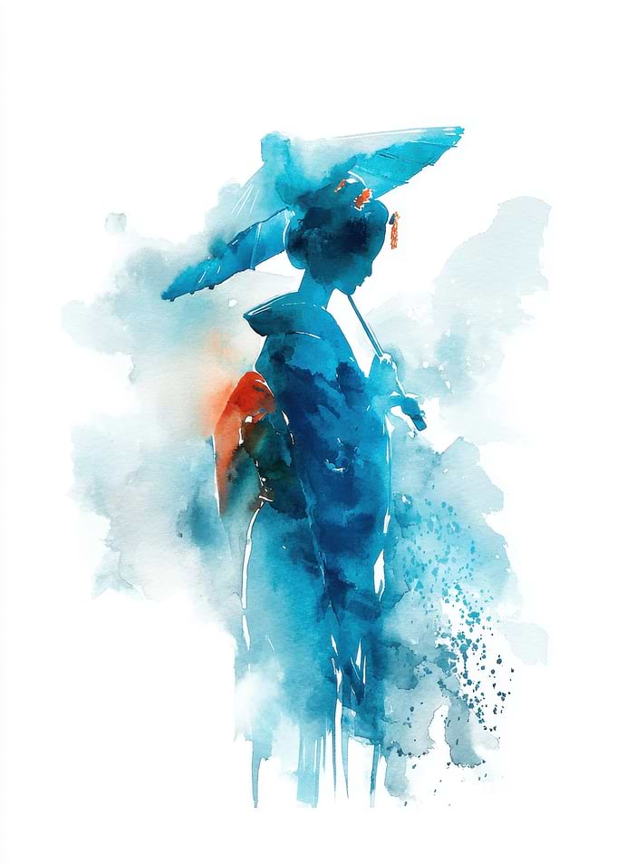 Watercolor Geisha with Umbrella