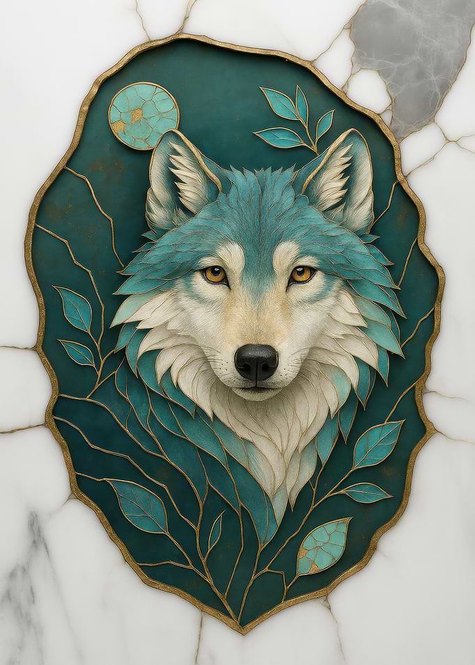 Wolf Portrait with Teal and Gold Accents
