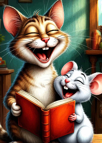 Laughing Cat and Mouse Reading Book