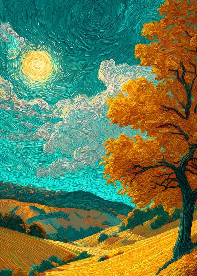 Autumn Landscape Painting with Swirling Sky