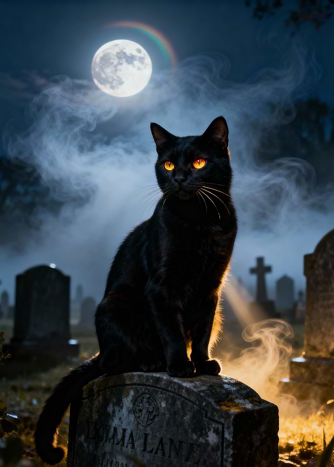 Black Cat on Tombstone at Night