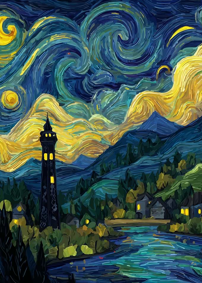 Starry Night Inspired Landscape with Tower