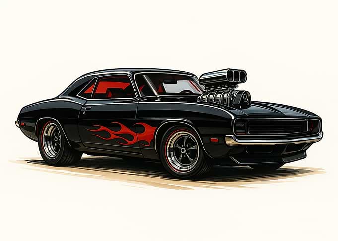 Black Muscle Car with Flames