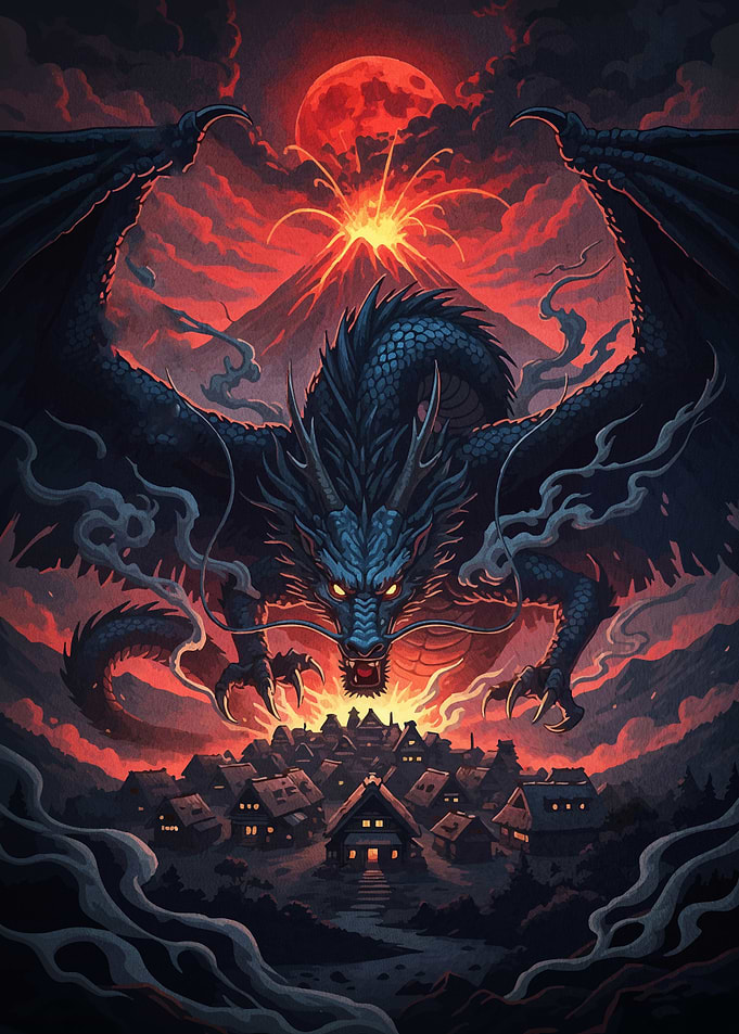 Dragon over Village Volcano