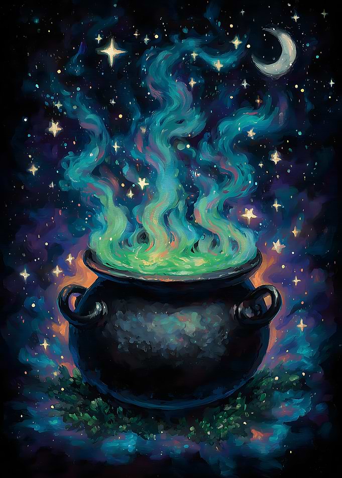 Witch's Cauldron Under a Starry Sky
