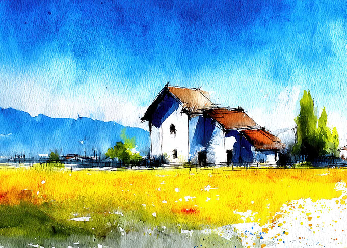 Watercolor House in Field Landscape