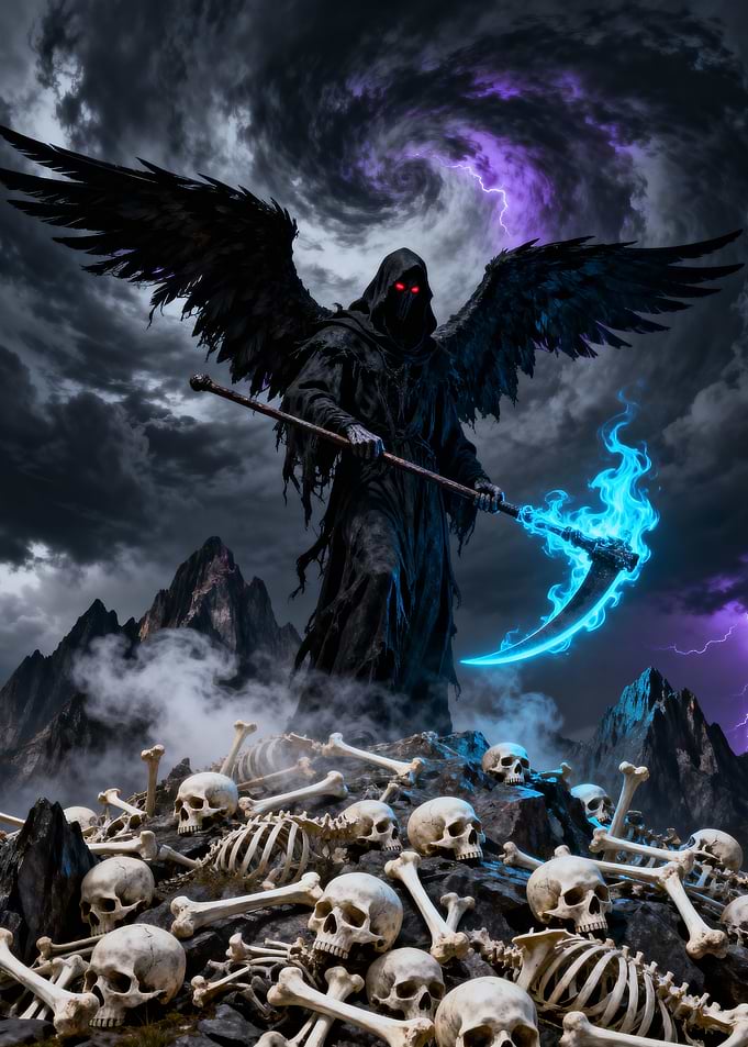 Winged Grim Reaper with Blue Scythe