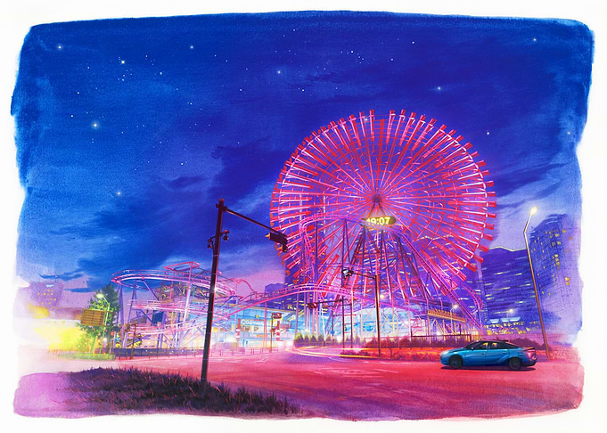 Nighttime Amusement Park with Ferris Wheel