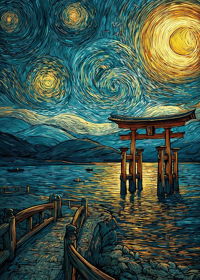 Japanese Torii Gate Starry Night Painting