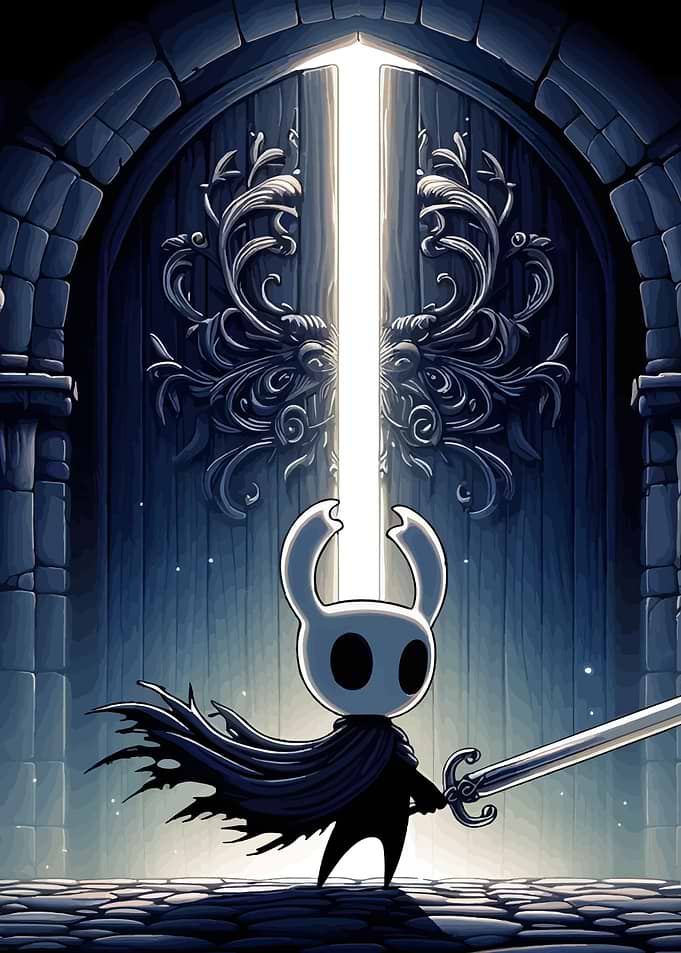 Hollow Knight character near ornate door